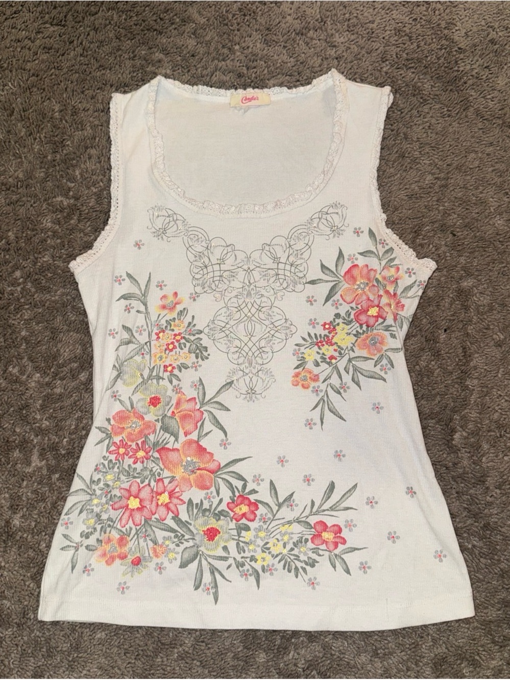 Candie's White Floral Scoop Neck Tank with Pink & Yellow Blooms
